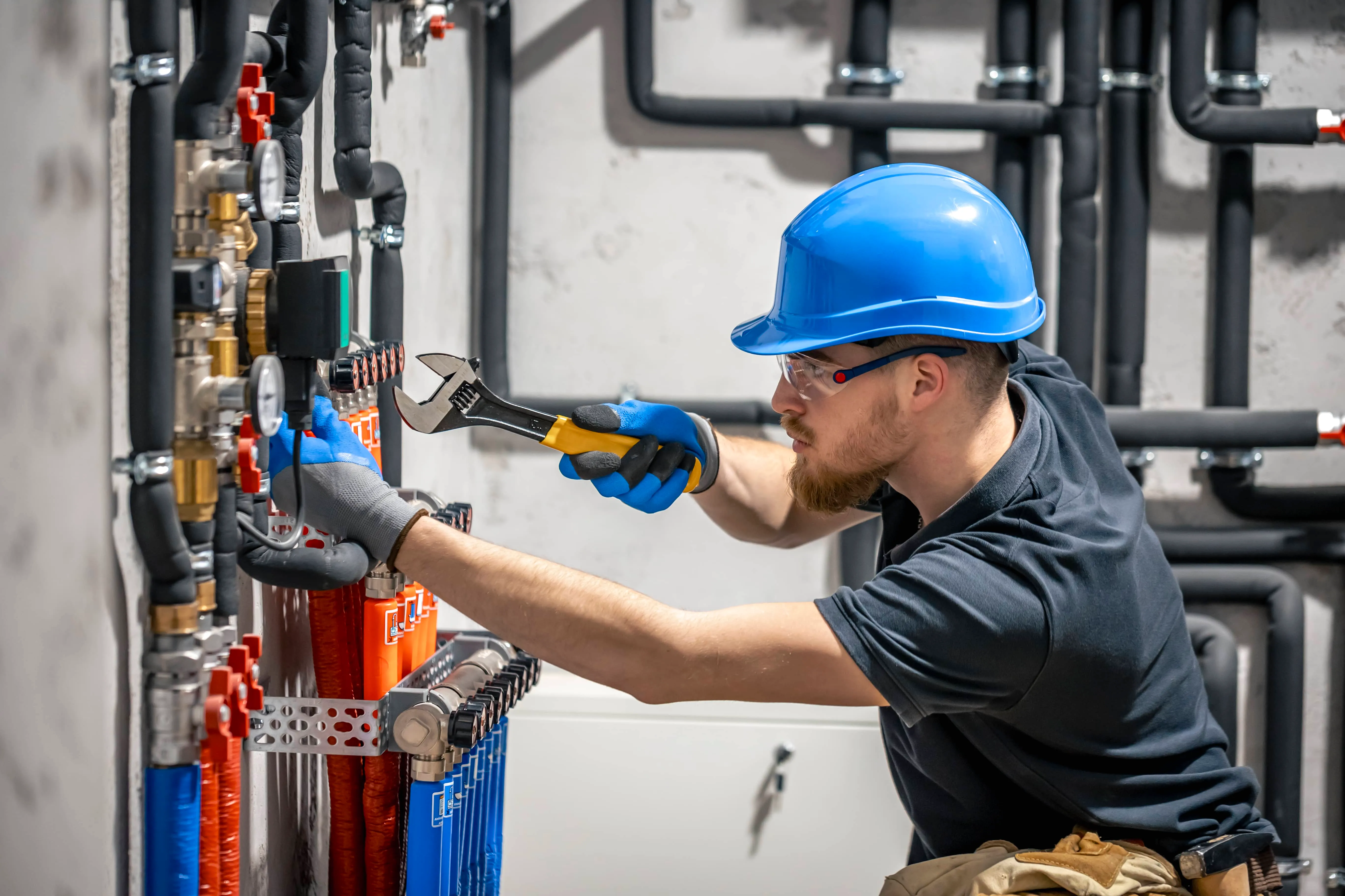 Licensed plumber adjusting valves on residential pipework